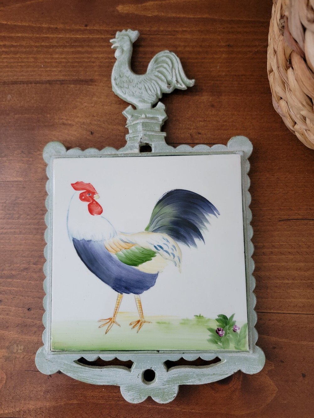 Vintage Rooster Chicken Cast Metal Encased Tile Trivet Handpainted Plaque
